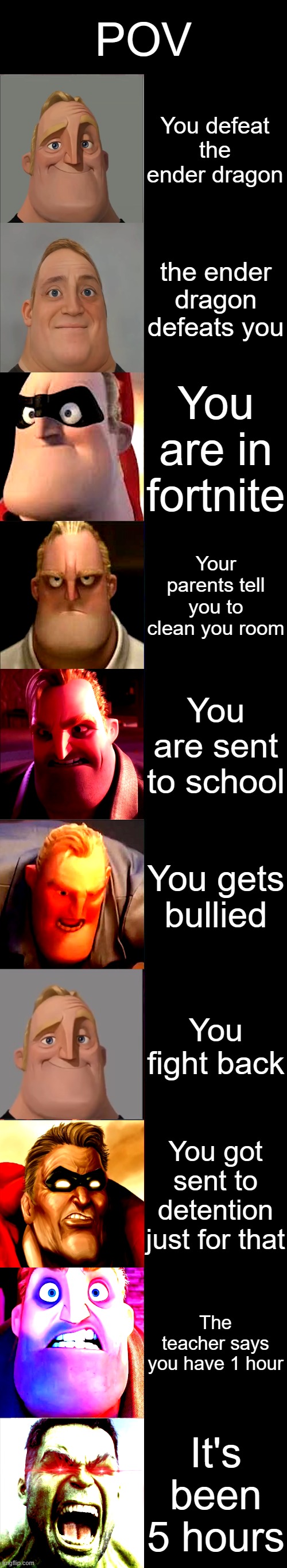 Your POV Mr Incredible Becoming Angry | POV; You defeat the ender dragon; the ender dragon defeats you; You are in fortnite; Your parents tell you to clean you room; You are sent to school; You gets bullied; You fight back; You got sent to detention just for that; The teacher says you have 1 hour; It's been 5 hours | image tagged in mr incredible becoming angry | made w/ Imgflip meme maker
