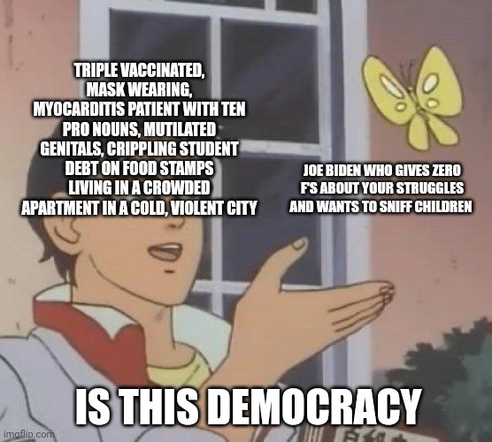 Is This A Pigeon | TRIPLE VACCINATED, MASK WEARING, MYOCARDITIS PATIENT WITH TEN PRO NOUNS, MUTILATED GENITALS, CRIPPLING STUDENT DEBT ON FOOD STAMPS LIVING IN A CROWDED APARTMENT IN A COLD, VIOLENT CITY; JOE BIDEN WHO GIVES ZERO F'S ABOUT YOUR STRUGGLES AND WANTS TO SNIFF CHILDREN; IS THIS DEMOCRACY | image tagged in memes,is this a pigeon | made w/ Imgflip meme maker