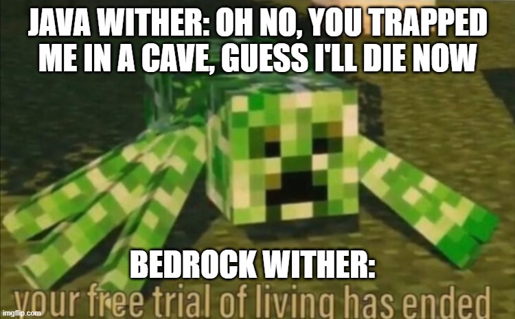 Your Free Trial of Living Has Ended | JAVA WITHER: OH NO, YOU TRAPPED ME IN A CAVE, GUESS I'LL DIE NOW; BEDROCK WITHER: | image tagged in your free trial of living has ended | made w/ Imgflip meme maker