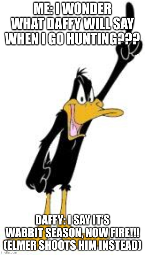 Why Can't Daffy ever be wrong for once??? | ME: I WONDER WHAT DAFFY WILL SAY WHEN I GO HUNTING??? DAFFY: I SAY IT'S WABBIT SEASON, NOW FIRE!!!
(ELMER SHOOTS HIM INSTEAD) | image tagged in daffy duck,funny | made w/ Imgflip meme maker