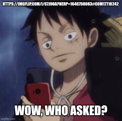 They commented this on my most recent fun meme too | HTTPS://IMGFLIP.COM/I/67J9OA?NERP=1646758083#COM17718242; WOW, WHO ASKED? | image tagged in luffy phone | made w/ Imgflip meme maker