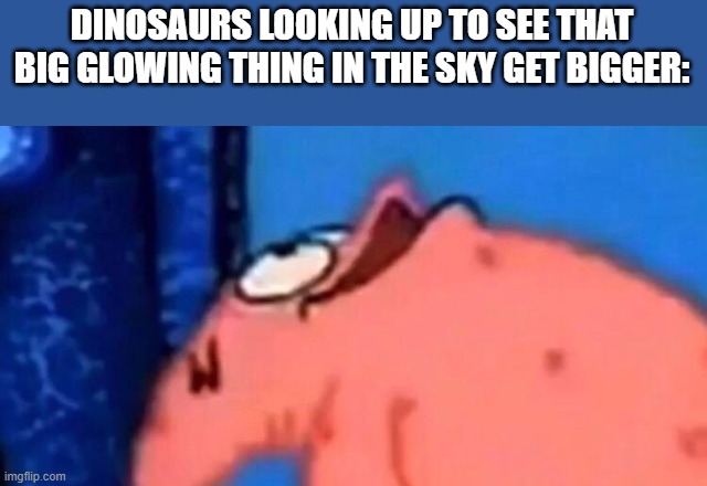 Patrick looking up | DINOSAURS LOOKING UP TO SEE THAT BIG GLOWING THING IN THE SKY GET BIGGER: | image tagged in patrick looking up | made w/ Imgflip meme maker