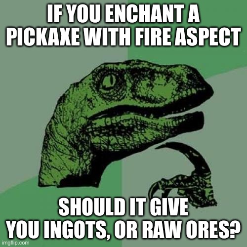 This would be a lifesaver in caves and Cliffs with so many ores and one furnace | IF YOU ENCHANT A PICKAXE WITH FIRE ASPECT; SHOULD IT GIVE YOU INGOTS, OR RAW ORES? | image tagged in memes,philosoraptor | made w/ Imgflip meme maker