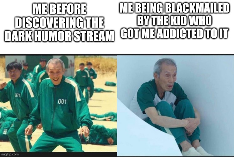 please help me | ME BEING BLACKMAILED BY THE KID WHO GOT ME ADDICTED TO IT; ME BEFORE DISCOVERING THE DARK HUMOR STREAM | image tagged in squid game before after old man | made w/ Imgflip meme maker