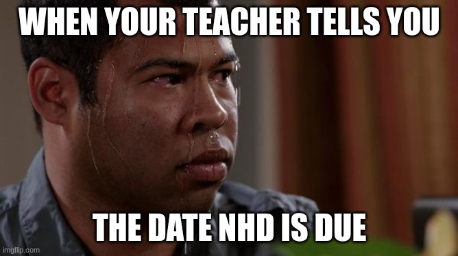 btw it's due the 16th | WHEN YOUR TEACHER TELLS YOU; THE DATE NHD IS DUE | image tagged in sweating bullets,school,group projects | made w/ Imgflip meme maker