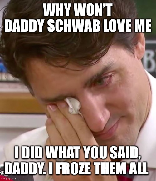 Justin Trudeau Crying | WHY WON’T DADDY SCHWAB LOVE ME; I DID WHAT YOU SAID, DADDY. I FROZE THEM ALL | image tagged in justin trudeau crying | made w/ Imgflip meme maker