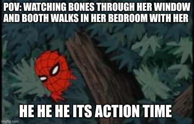 spiderman in bushes | POV: WATCHING BONES THROUGH HER WINDOW AND BOOTH WALKS IN HER BEDROOM WITH HER; HE HE HE ITS ACTION TIME | image tagged in spiderman in bushes | made w/ Imgflip meme maker