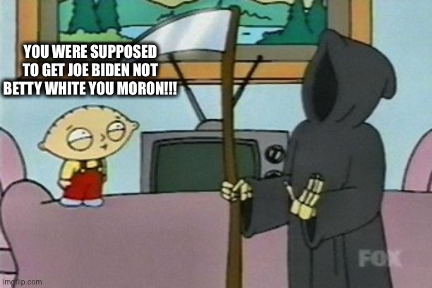 Stewie Death | YOU WERE SUPPOSED TO GET JOE BIDEN NOT BETTY WHITE YOU MORON!!! | image tagged in stewie death | made w/ Imgflip meme maker