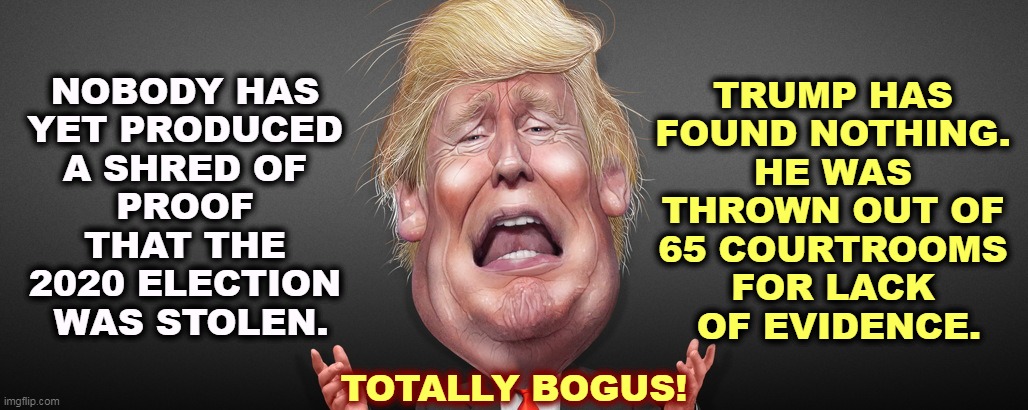 Millions have been spent. NOTHING has been found. | TRUMP HAS 
FOUND NOTHING. 
HE WAS 
THROWN OUT OF 
65 COURTROOMS 
FOR LACK 
OF EVIDENCE. NOBODY HAS 
YET PRODUCED 
A SHRED OF 
PROOF 
THAT THE 
2020 ELECTION 
WAS STOLEN. TOTALLY BOGUS! | image tagged in crybaby trump wailing about his grievances,trump,phony,bogus,alibi,sore loser | made w/ Imgflip meme maker