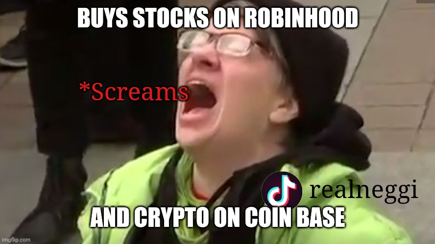 Screaming Liberal  | BUYS STOCKS ON ROBINHOOD; *Screams; realneggi; AND CRYPTO ON COIN BASE | image tagged in screaming liberal | made w/ Imgflip meme maker