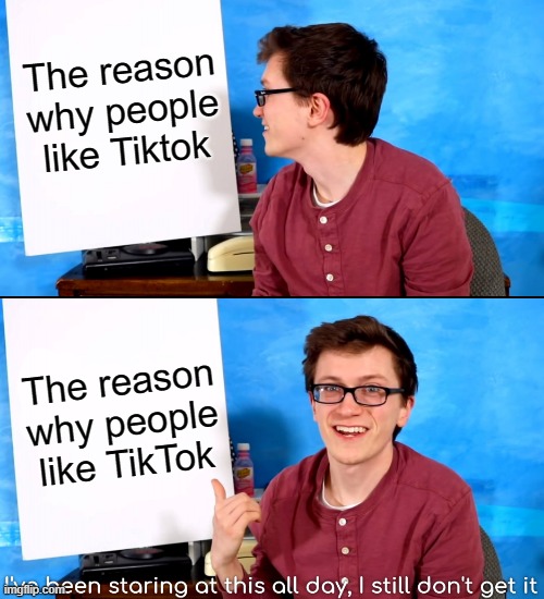 I don't get it | The reason why people like Tiktok; The reason why people like TikTok | image tagged in i ve been staring at this all day and i still don t get it,memes,tiktok | made w/ Imgflip meme maker