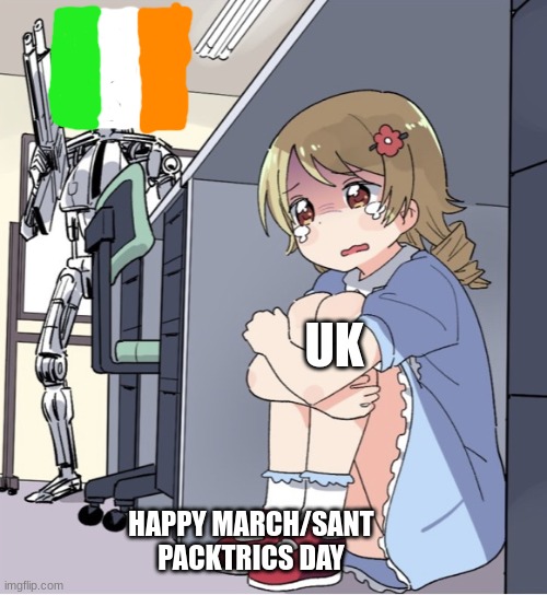 March | UK; HAPPY MARCH/SANT PACKTRICS DAY | image tagged in anime girl hiding from terminator | made w/ Imgflip meme maker