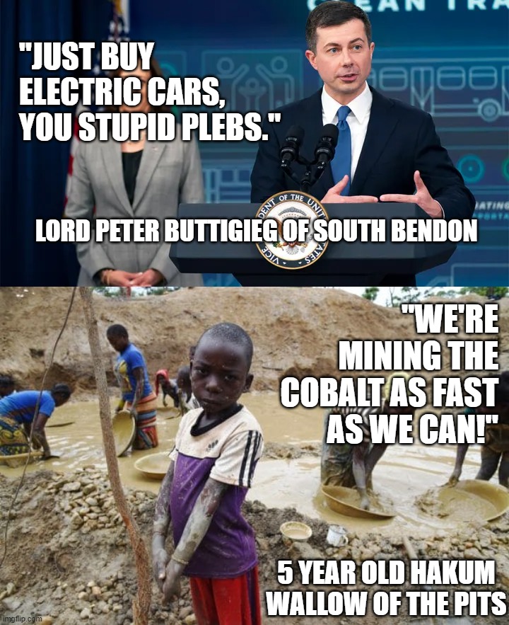 Yeah, ya dumb plebs! | "JUST BUY ELECTRIC CARS, YOU STUPID PLEBS."; LORD PETER BUTTIGIEG OF SOUTH BENDON; "WE'RE MINING THE COBALT AS FAST AS WE CAN!"; 5 YEAR OLD HAKUM WALLOW OF THE PITS | image tagged in pete buttigieg,electric cars,slave labor,oil crisis,oblivious | made w/ Imgflip meme maker