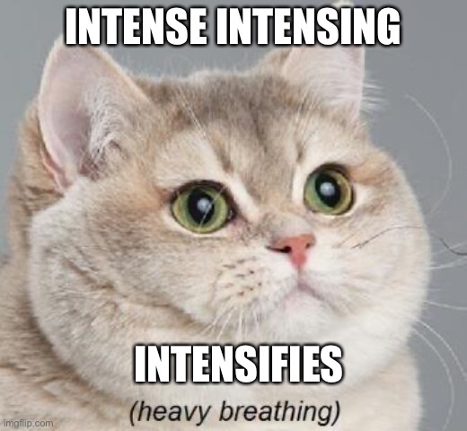 Intense right? | INTENSE INTENSING; INTENSIFIES | image tagged in memes,heavy breathing cat | made w/ Imgflip meme maker