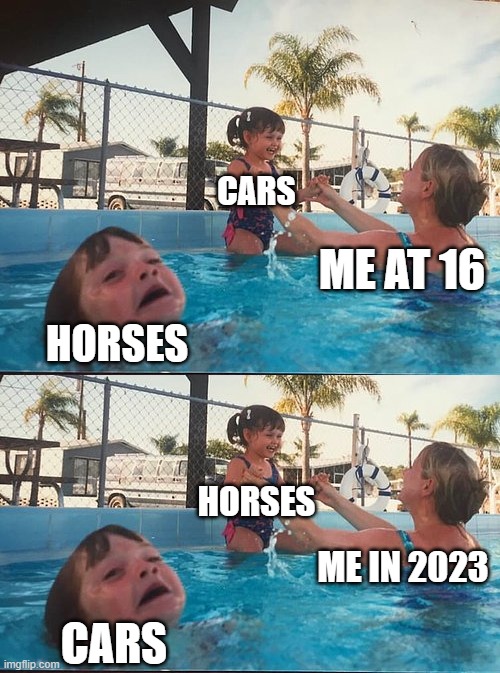 Oil prices rising | CARS; ME AT 16; HORSES; HORSES; ME IN 2023; CARS | image tagged in drowning kid in the pool | made w/ Imgflip meme maker