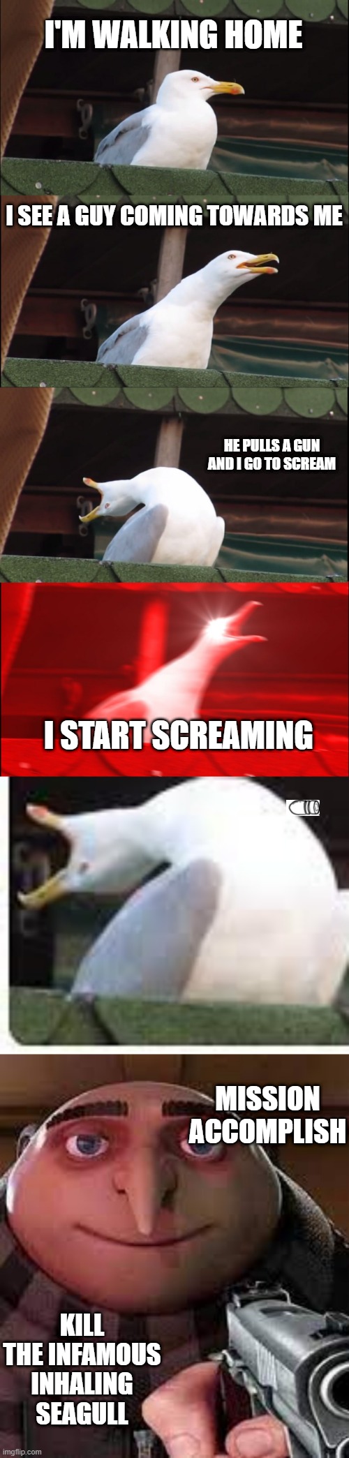 Death of Inhaling seagull | I'M WALKING HOME; I SEE A GUY COMING TOWARDS ME; HE PULLS A GUN AND I GO TO SCREAM; I START SCREAMING; MISSION ACCOMPLISH; KILL THE INFAMOUS INHALING SEAGULL | image tagged in memes,inhaling seagull,funny memes,funny,funny meme | made w/ Imgflip meme maker