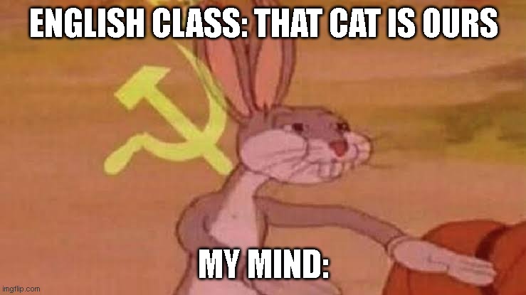 English | ENGLISH CLASS: THAT CAT IS OURS; MY MIND: | image tagged in soviet bugs bunny | made w/ Imgflip meme maker