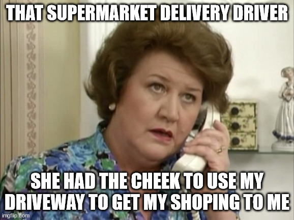 Hyacinth Bucket on phone | THAT SUPERMARKET DELIVERY DRIVER; SHE HAD THE CHEEK TO USE MY DRIVEWAY TO GET MY SHOPING TO ME | image tagged in hyacinth bucket on phone | made w/ Imgflip meme maker