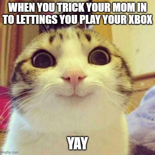 Smiling Cat Meme | WHEN YOU TRICK YOUR MOM IN TO LETTINGS YOU PLAY YOUR XBOX; YAY | image tagged in memes,smiling cat | made w/ Imgflip meme maker