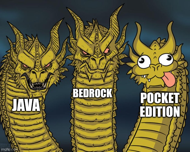 minecraft | BEDROCK; POCKET EDITION; JAVA | image tagged in three-headed dragon | made w/ Imgflip meme maker