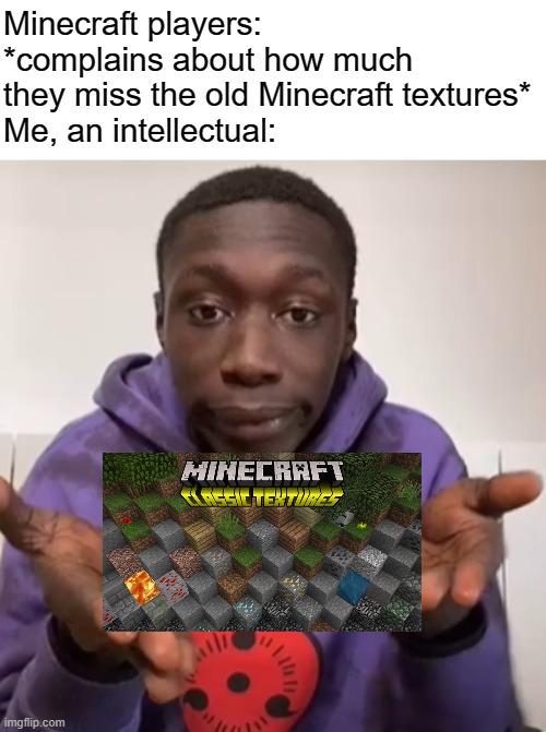 Minecraft players: *complains about how much they miss the old Minecraft textures*
Me, an intellectual: | image tagged in khaby lame obvious,minecraft memes | made w/ Imgflip meme maker