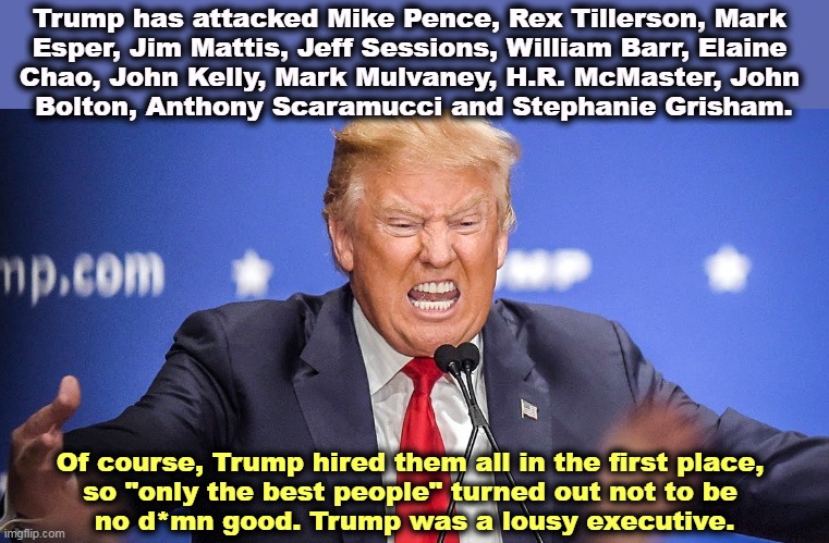Trump has attacked Mike Pence, Rex Tillerson, Mark 
Esper, Jim Mattis, Jeff Sessions, William Barr, Elaine 
Chao, John Kelly, Mark Mulvaney, H.R. McMaster, John 
Bolton, Anthony Scaramucci and Stephanie Grisham. Of course, Trump hired them all in the first place, 
so "only the best people" turned out not to be 
no d*mn good. Trump was a lousy executive. | image tagged in trump,bad,judge,character | made w/ Imgflip meme maker
