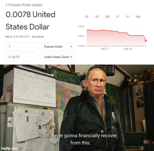 Ruble Exchange | image tagged in i'm never going to financially recover from this,putin,vladimir putin,ukraine | made w/ Imgflip meme maker
