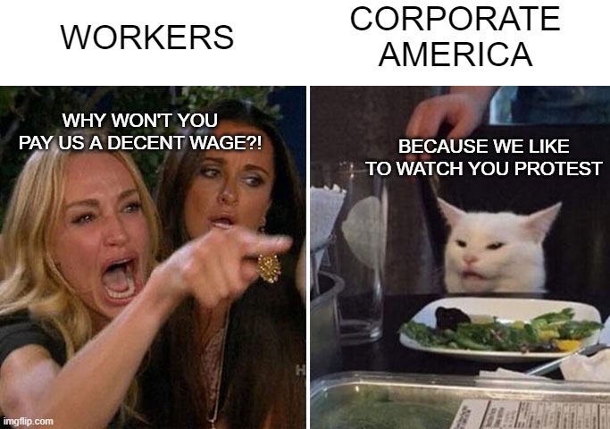 Your weakness gives us strength | CORPORATE AMERICA; WORKERS; WHY WON'T YOU PAY US A DECENT WAGE?! BECAUSE WE LIKE TO WATCH YOU PROTEST | image tagged in angry lady cat | made w/ Imgflip meme maker