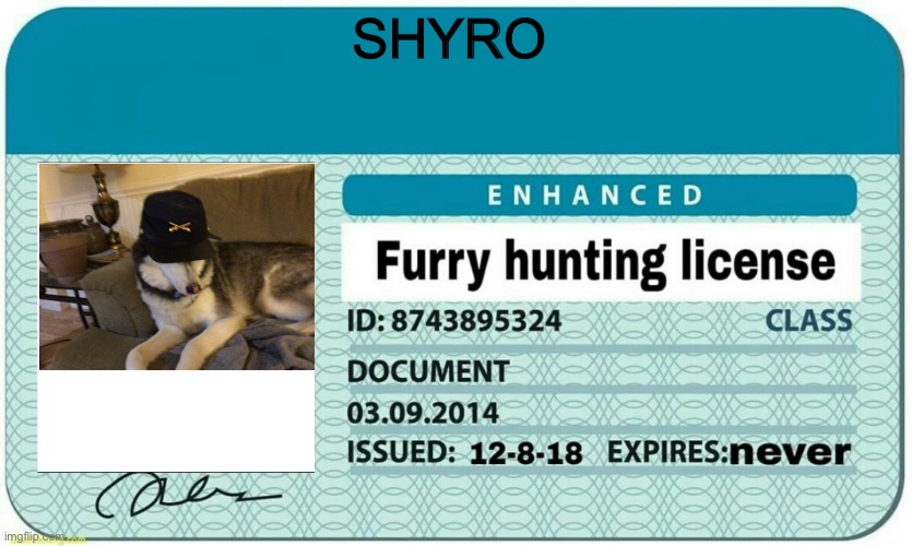 furry hunting license | SHYRO | image tagged in furry hunting license | made w/ Imgflip meme maker