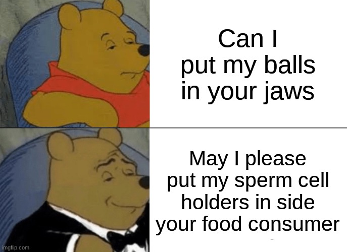 balls in your jaws fancy | Can I put my balls in your jaws; May I please put my sperm cell holders in side your food consumer | image tagged in memes,tuxedo winnie the pooh | made w/ Imgflip meme maker