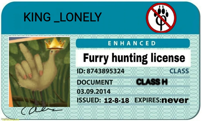 *loads shotgun with holy intent* | KING _LONELY; CLASS H | image tagged in furry hunting license | made w/ Imgflip meme maker