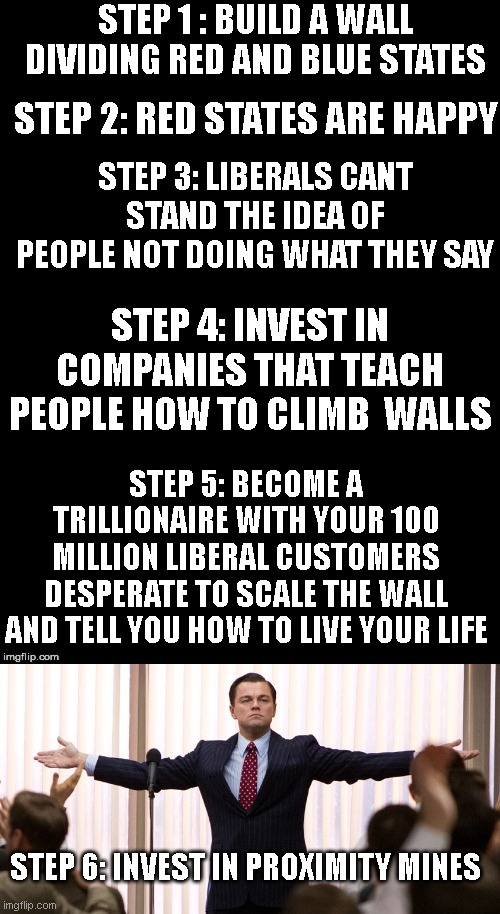 STEP 1 : BUILD A WALL DIVIDING RED AND BLUE STATES; STEP 2: RED STATES ARE HAPPY; STEP 3: LIBERALS CANT STAND THE IDEA OF PEOPLE NOT DOING WHAT THEY SAY; STEP 4: INVEST IN COMPANIES THAT TEACH PEOPLE HOW TO CLIMB  WALLS; STEP 5: BECOME A TRILLIONAIRE WITH YOUR 100 MILLION LIBERAL CUSTOMERS DESPERATE TO SCALE THE WALL AND TELL YOU HOW TO LIVE YOUR LIFE; STEP 6: INVEST IN PROXIMITY MINES | image tagged in double long black template,wolf of wall street - i'm not leaving | made w/ Imgflip meme maker