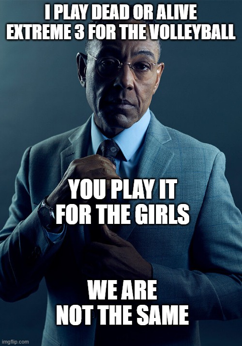 Gus Fring we are not the same | I PLAY DEAD OR ALIVE EXTREME 3 FOR THE VOLLEYBALL; YOU PLAY IT FOR THE GIRLS; WE ARE NOT THE SAME | image tagged in gus fring we are not the same,video games,dead or alive | made w/ Imgflip meme maker