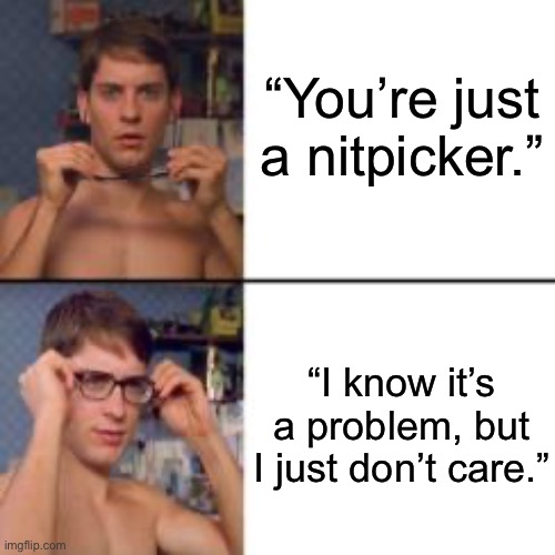 Peter Parker Glasses | “You’re just a nitpicker.”; “I know it’s a problem, but I just don’t care.” | image tagged in peter parker glasses | made w/ Imgflip meme maker