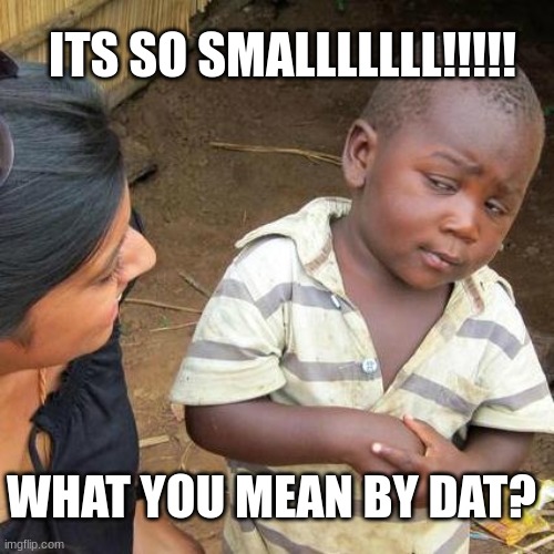 Third World Skeptical Kid | ITS SO SMALLLLLLL!!!!! WHAT YOU MEAN BY DAT? | image tagged in memes,third world skeptical kid | made w/ Imgflip meme maker