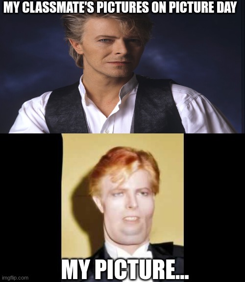 picture day | MY CLASSMATE'S PICTURES ON PICTURE DAY; MY PICTURE... | image tagged in david bowie | made w/ Imgflip meme maker