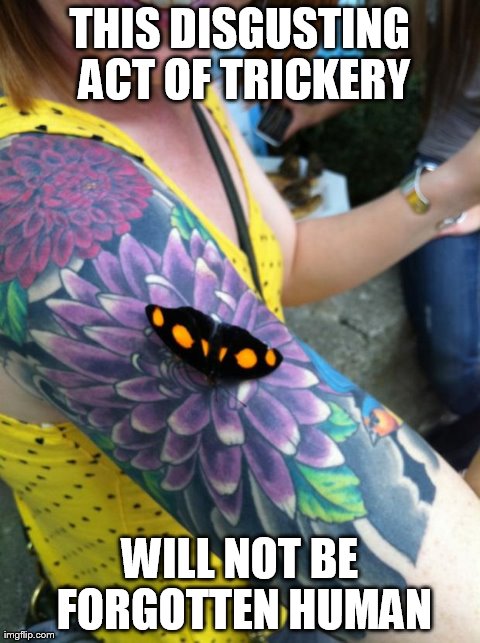 THIS DISGUSTING ACT OF TRICKERY WILL NOT BE FORGOTTEN HUMAN | image tagged in butterfly tattoo,AdviceAnimals | made w/ Imgflip meme maker