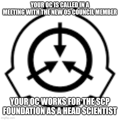 No Joke/Bambi OC's and no OP OCs. | YOUR OC IS CALLED IN A MEETING WITH THE NEW O5 COUNCIL MEMBER; YOUR OC WORKS FOR THE SCP FOUNDATION AS A HEAD SCIENTIST | made w/ Imgflip meme maker