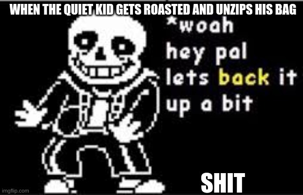 woah hey pal lets back it up a bit | WHEN THE QUIET KID GETS ROASTED AND UNZIPS HIS BAG; SHIT | image tagged in woah hey pal lets back it up a bit | made w/ Imgflip meme maker