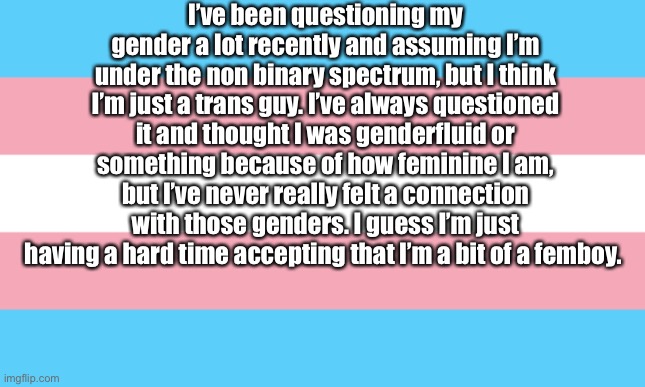 It’s been a roller coaster | I’ve been questioning my gender a lot recently and assuming I’m under the non binary spectrum, but I think I’m just a trans guy. I’ve always questioned it and thought I was genderfluid or something because of how feminine I am, but I’ve never really felt a connection with those genders. I guess I’m just having a hard time accepting that I’m a bit of a femboy. | image tagged in trans flag | made w/ Imgflip meme maker