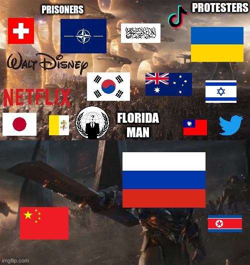 2 years ago pog | PROTESTERS; PRISONERS; FLORIDA MAN | image tagged in avengers endgame final battle against thanos | made w/ Imgflip meme maker