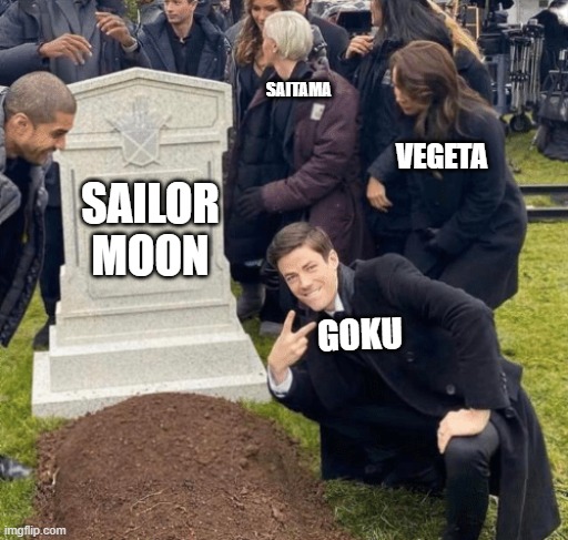 how goku vs sailor moon would go | SAITAMA; VEGETA; SAILOR MOON; GOKU | image tagged in grant gustin over grave | made w/ Imgflip meme maker