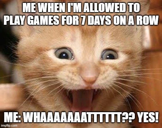7 Days Of Gaming | ME WHEN I'M ALLOWED TO PLAY GAMES FOR 7 DAYS ON A ROW; ME: WHAAAAAAATTTTTT?? YES! | image tagged in memes,excited cat,days,7 days,gaming,cat | made w/ Imgflip meme maker