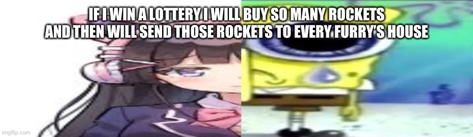 lol | IF I WIN A LOTTERY I WILL BUY SO MANY ROCKETS AND THEN WILL SEND THOSE ROCKETS TO EVERY FURRY’S HOUSE | image tagged in lol | made w/ Imgflip meme maker