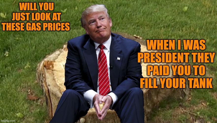 Trump on a stump | WILL YOU JUST LOOK AT THESE GAS PRICES; WHEN I WAS PRESIDENT THEY PAID YOU TO FILL YOUR TANK | image tagged in trump on a stump | made w/ Imgflip meme maker