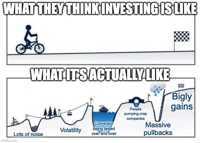 Investing is not all sunshine and tulips | WHAT THEY THINK INVESTING IS LIKE; WHAT IT'S ACTUALLY LIKE; Bigly gains; People pumping crap companies; Massive pullbacks; Conviction being tested over and over; Volatility; Lots of noise | image tagged in bike uphill challenge | made w/ Imgflip meme maker