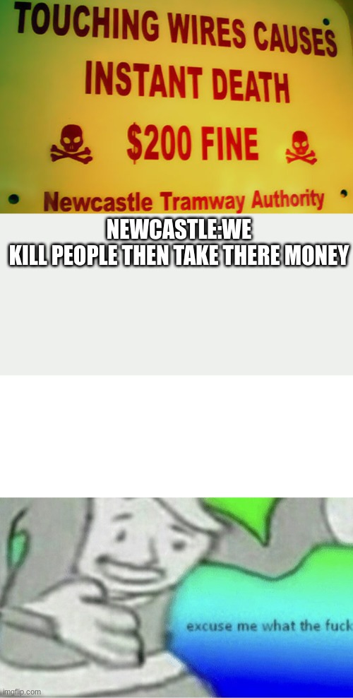 is that legal |  NEWCASTLE:WE KILL PEOPLE THEN TAKE THERE MONEY | image tagged in excuse me wtf blank template,dangerous,deadly,money | made w/ Imgflip meme maker
