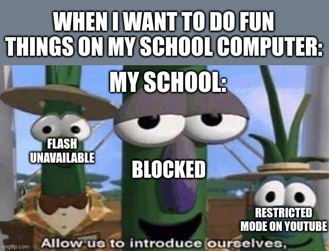 :( | WHEN I WANT TO DO FUN THINGS ON MY SCHOOL COMPUTER:; MY SCHOOL:; FLASH UNAVAILABLE; BLOCKED; RESTRICTED MODE ON YOUTUBE | image tagged in games,fun,blocked | made w/ Imgflip meme maker