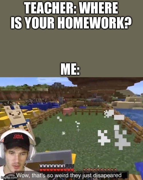 Wow that's so weird they just disappeared | TEACHER: WHERE IS YOUR HOMEWORK? ME: | image tagged in wow that's so weird they just disappeared | made w/ Imgflip meme maker