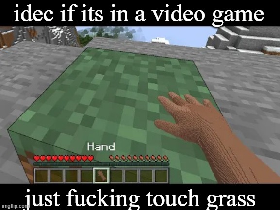 Hand touching Minecraft grass block | idec if its in a video game just fucking touch grass | image tagged in hand touching minecraft grass block | made w/ Imgflip meme maker